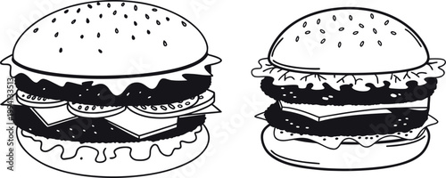 Double Burger Vector Illustration – Cheese Hamburger Fast Food Black and White Icon Set