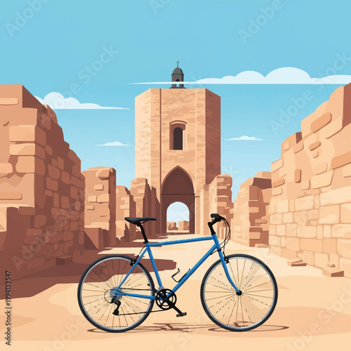 Blue hybrid bicycle parked on a sandy path amidst ancient stone ruins and a medieval watchtower with an arched entrance under a clear blue sky, flat vector illustration.