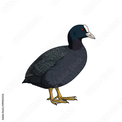 Detailed vector illustration of a Eurasian coot bird, Fulica atra, featuring its characteristic black plumage, white frontal shield, red eye, and lobed feet, isolated on a white background.