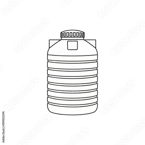 Black and white line art vector illustration of a cylindrical plastic water storage tank featuring horizontal ribs for reinforcement and a threaded cap on top, isolated.