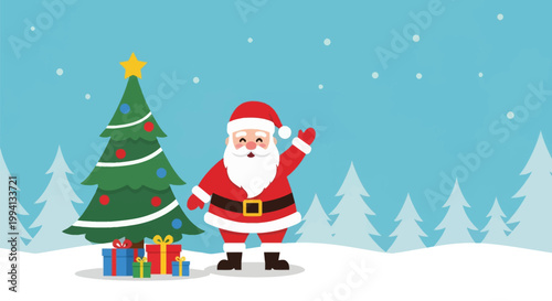 Cartoon Santa Claus waving in a snowy landscape next to a decorated Christmas tree with a gold star topper and colorful gift boxes against a light blue winter forest background with snow.