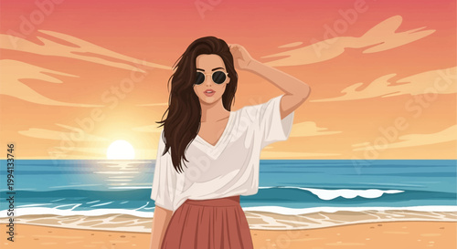 Vector illustration of a young woman with long brunette hair wearing round sunglasses and white t-shirt, posing on a sandy beach at sunset with ocean waves and orange sky.