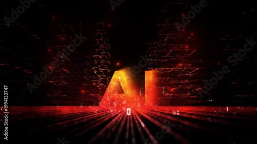 Futuristic dark dangerous fire red artificial intelligence city road cyberspace network animation background.
