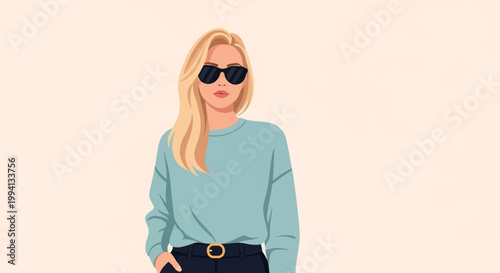 Minimalist vector illustration of a young blonde woman wearing dark sunglasses, a light blue crew neck sweater, and dark trousers with a gold-buckle belt, isolated on a plain beige background.