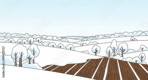 Vector illustration of a winter landscape featuring rolling snow-covered hills and trees. A plowed field with brown soil and snow furrows is in the foreground under a clear sky.