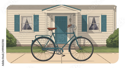 Vector illustration of a vintage teal bicycle parked on a sidewalk in front of a wooden suburban house featuring blue shutters, a matching blue front door, and green bushes.