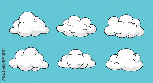 A set of six simple white hand-drawn cartoon clouds with black outlines and subtle grey shading, isolated on a solid flat light blue background, representing various puffy weather shapes.