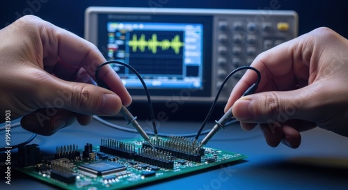Close-up of hands testing electronic circuit board with oscilloscope