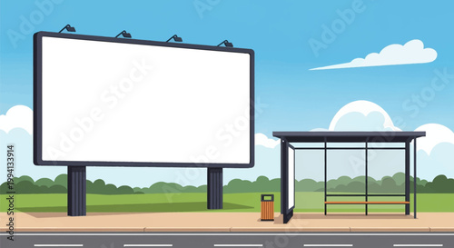 Large blank horizontal billboard and bus stop shelter on a city sidewalk next to a road, outdoor advertising mockup illustration with blue sky and clouds in vector style.