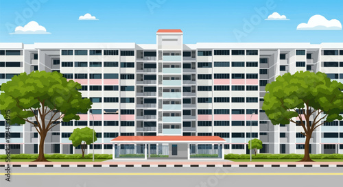 Front view vector illustration of a modern multi-story public housing apartment building with a white and pink facade, featuring numerous windows, green trees, and blue sky.