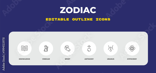 outline zodiac icons set - knowledge, vinegar, spirit. editable vector for web and mobile ui