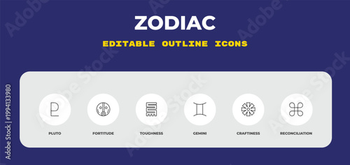 outline zodiac icons set - pluto, fortitude, toughness. editable vector for web and mobile ui