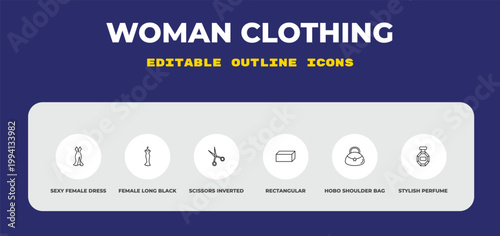 outline woman clothing icons set - sexy female dress, female long black dress, scissors inverted view. editable vector for web and mobile ui