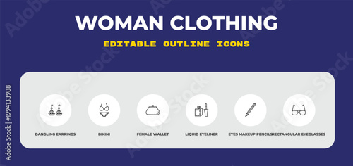 outline woman clothing icons set - dangling earrings, bikini, female wallet. editable vector for web and mobile ui