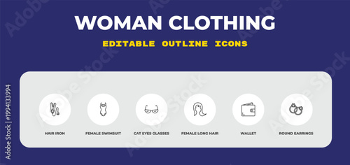 outline woman clothing icons set - hair iron, female swimsuit, cat eyes glasses. editable vector for web and mobile ui