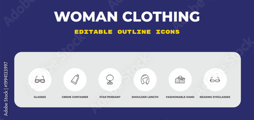 outline woman clothing icons set - glasses, creme container black, star pendant. editable vector for web and mobile ui
