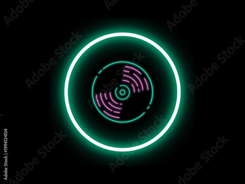 A circular neon design on a black background features a vibrant aqua outer ring and a central pattern of concentric circles. The inner sections are filled with curved, purple neon lines, resembling wa