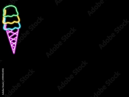 Neon ice cream sign with a black background. It features a cone with three scoops. The top scoop is outlined in green, the middle in yellow, and the bottom in blue. The cone is outlined in pink with a