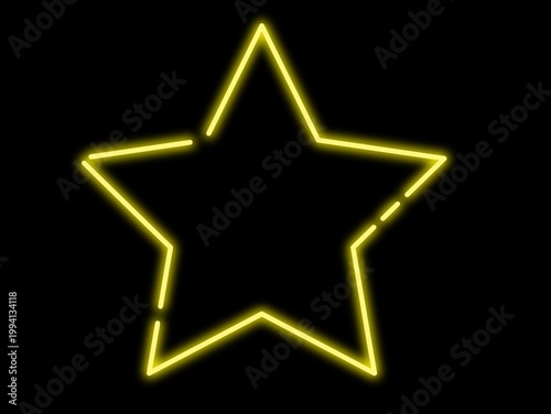 A glowing yellow neon star outlined against a solid black background. The star is a classic five-pointed shape, with each side illuminated, giving it a bright and eye-catching appearance. The lines of