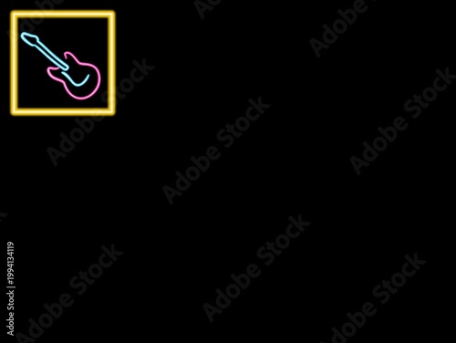 A neon sign depicting a guitar outlined in vibrant blue and pink lines, set against a black background. The guitar is framed within a yellow square in the upper left corner. The bright colors contrast