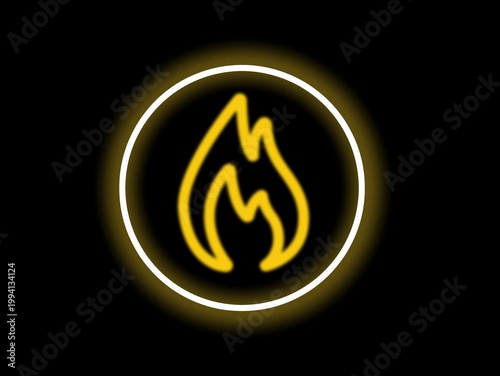 A stylized flame icon in yellow is centered within a glowing white circle against a black background. The flame design features smooth curves and pointed tips, creating a symmetrical and simplistic re