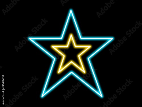 Glowing neon star design on a black background. The image features two concentric stars, one larger outlined in light blue, and the smaller one inside it in yellow. The contrast between the bright neo