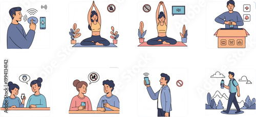 Lifestyle and daily activities illustration set featuring people using smartphone yoga meditation communication delivery and outdoor walking in modern flat design