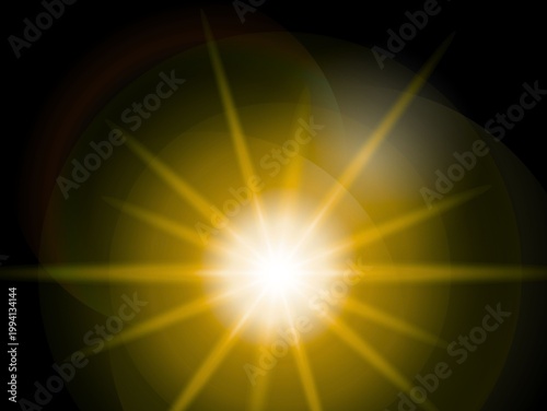 Bright yellow light burst with radiating beams on a black background. Central bright white core surrounded by overlapping circular layers of yellow and orange hues. Symmetrical star-like pattern forme