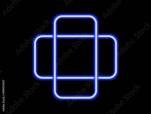 Neon blue lines form a geometric shape resembling a stylized medical cross on a black background. The design consists of rectangles intersecting to create a cross-like pattern. The glow effect accentu