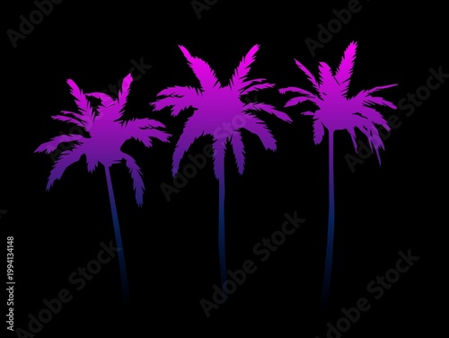 Three stylized palm trees are depicted in a gradient of purple and blue against a solid black background. The trees have distinct, fan-like fronds and slender trunks. The vibrant use of color gives a 