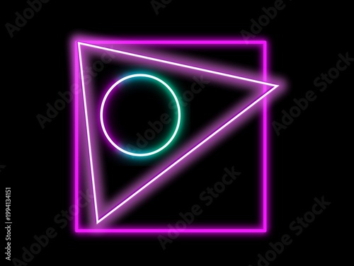 Neon geometric shapes on a black background. A pink square forms the outer layer, with an intersecting pink triangle inside. Within the triangle is a cyan circle. The neon effect creates a glowing app
