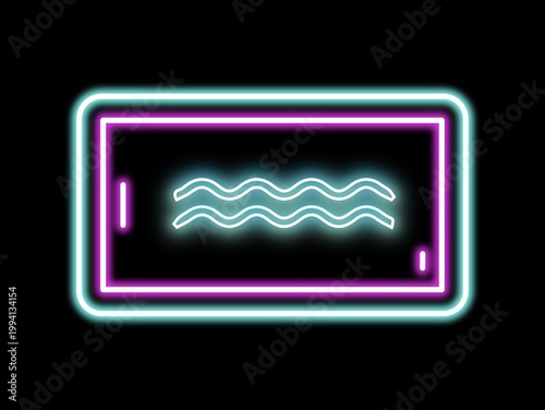 Neon sign featuring a rectangular frame with rounded corners in aquamarine and magenta, set against a black background. Inside the frame, three wavy lines glow white, resembling the symbol for heat or