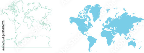 Professional vector world maps featuring a clean outline and a solid light blue silhouette for global business, education, and travel graphics.