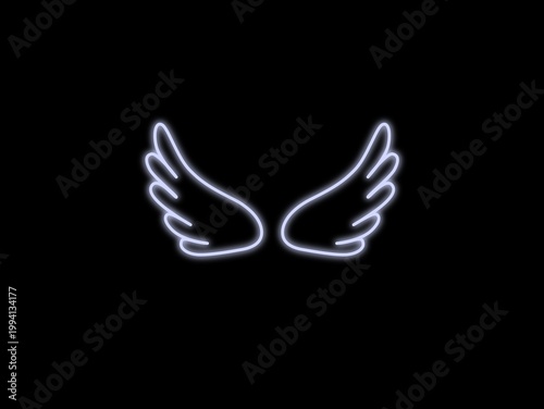 Two stylized angel wings are depicted in a minimalist, glowing neon outline against a black background. The wings are symmetrical, featuring gentle curves and rounded tips that give them a soft, flowi
