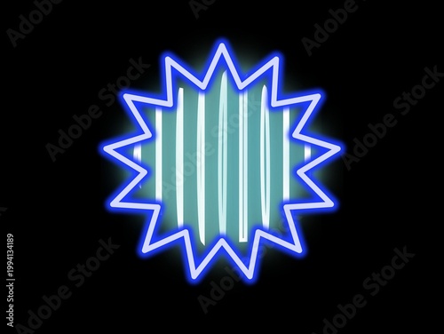 A bright blue neon starburst shape with jagged edges against a black background. Inside, vertical light blue and green stripes create a glowing effect. The combination of the neon outline and striped 