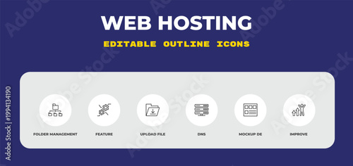outline web hosting icons set - folder management, feature, upload file. editable vector for web and mobile ui