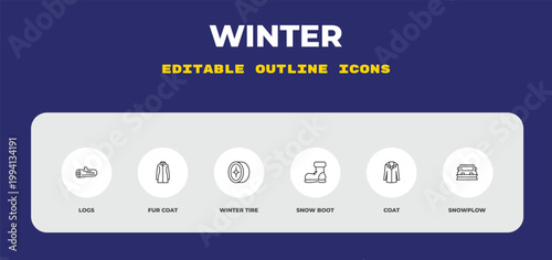 outline winter icons set - logs, fur coat, winter tire. editable vector for web and mobile ui