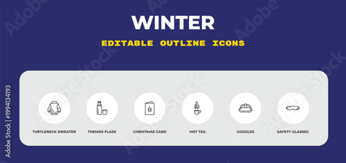 outline winter icons set - turtleneck sweater, themos flask, christmas card. editable vector for web and mobile ui