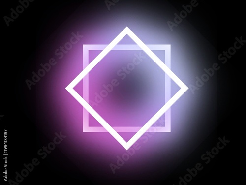A glowing geometric design features overlapping neon shapes. A white square is rotated 45 degrees, creating a diamond shape, and overlaying a purple square. The purple square has a gradient radiating 