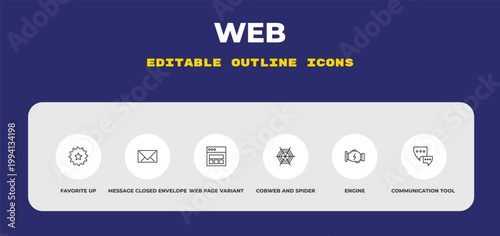 outline web icons set - favorite up, message closed envelope, web page variant. editable vector for web and mobile ui