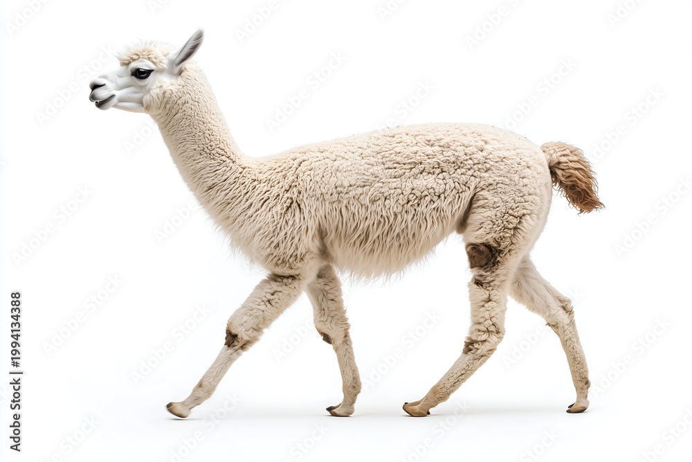 Fototapeta premium White fluffy llama walking in profile isolated on a white background
