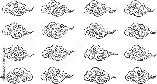 Decorative Cloud Ornament Set with Swirling Vintage Patterns Inspired by Asian Traditional Design, Elegant Sky Elements, Wind Flow Motifs, and Detailed Line Art Collection