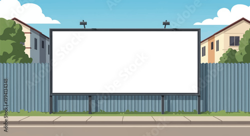 Horizontal blank billboard mockup in a residential neighborhood setting with a corrugated metal fence, sidewalk, houses, trees, and blue sky in flat vector style.