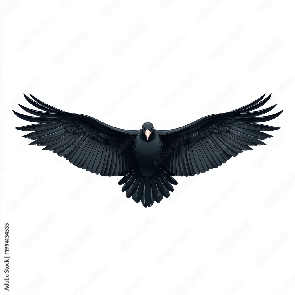 Fototapeta premium A Large Black Bird With Its Wings Spread Wide In Mid Flight Isolated On A White Background