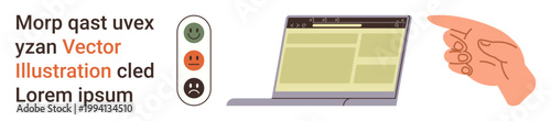User feedback, digital communication, website design, online interaction, UX design, evaluation tools. A hand pointing at a web interface with mood icons for feedback. User feedback and digital