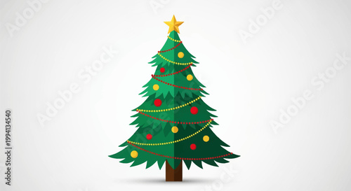 A flat design vector illustration of a green Christmas tree with a gold star topper, red and yellow bauble ornaments, and beaded garlands on a clean white background.