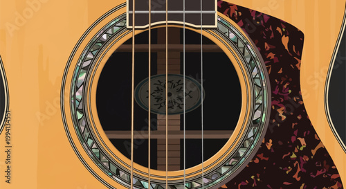 Close-up vector illustration of a wooden acoustic guitar soundhole featuring a decorative abalone inlay rosette, six steel strings, tortoise shell pickguard, and internal bracing.