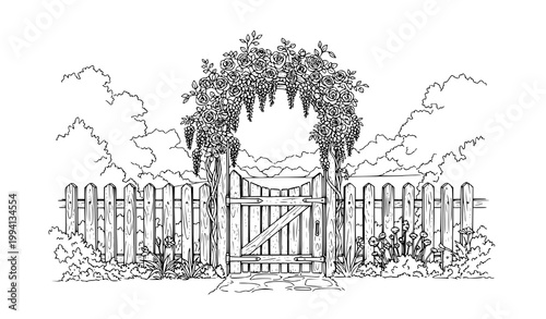 A minimalist line art illustration of a wooden gate with a trellis