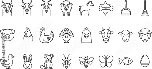 Farm animal outline icon set featuring cow pig chicken turkey horse sheep rabbit duck and agricultural tools in minimal line style