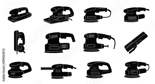 Set of black silhouette icons of various electric power sanding tools including orbital sanders, random orbit sanders, sheet palm sanders, and belt sanders for carpentry and DIY projects.